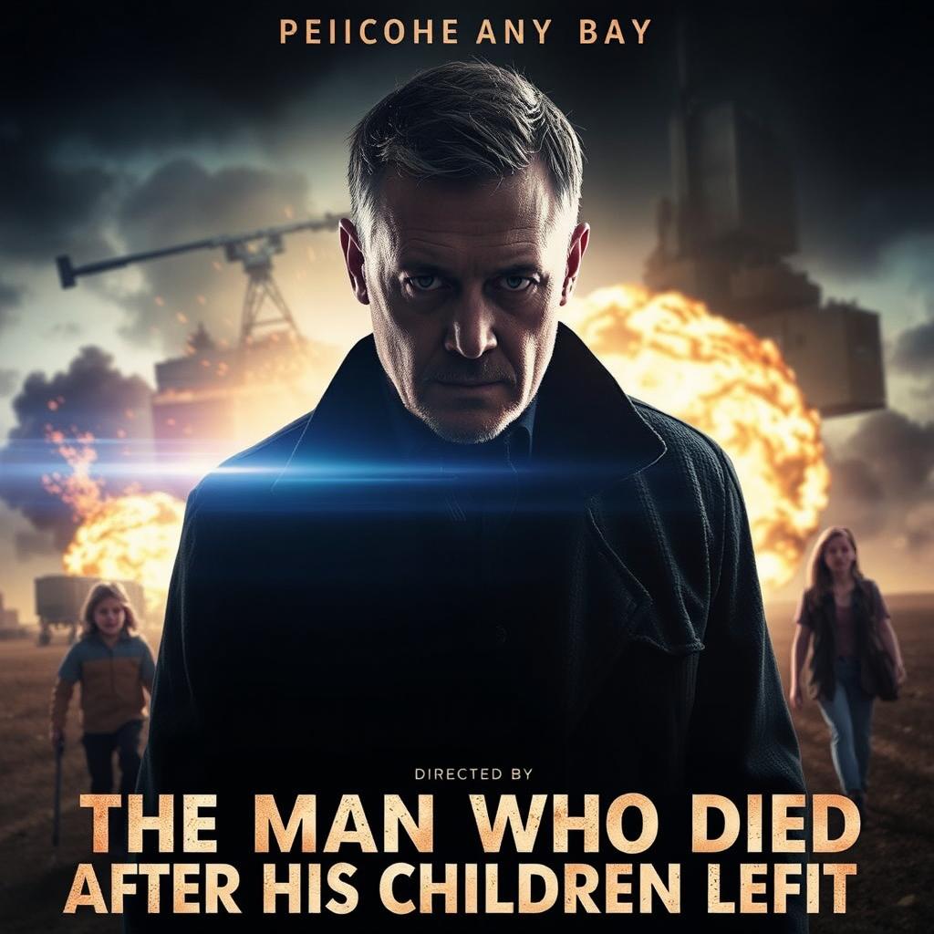 A dramatic movie poster for a film titled 'The Man Who Died After His Children Left,' directed by Michael Bay