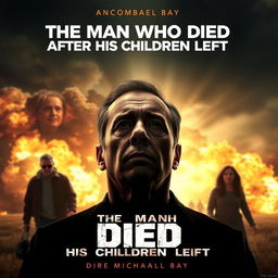 A dramatic movie poster for a film titled 'The Man Who Died After His Children Left,' directed by Michael Bay