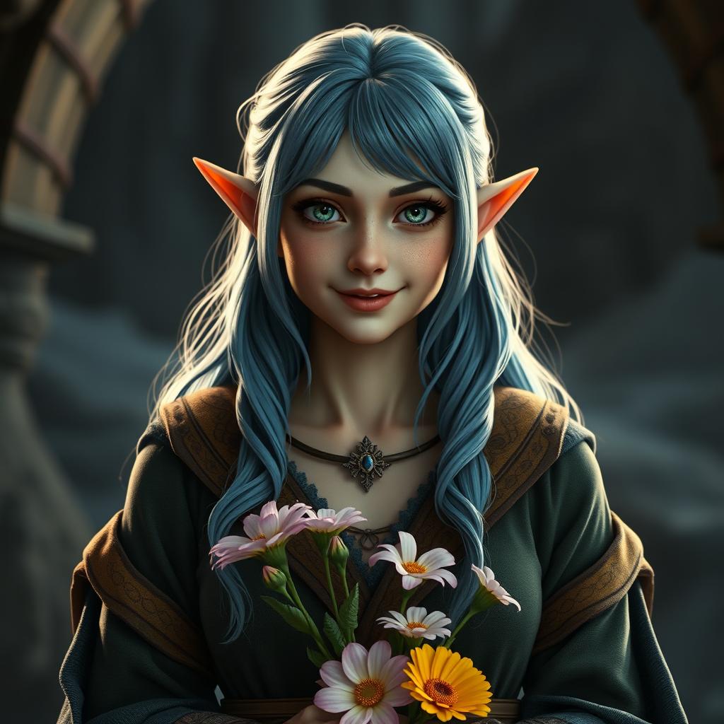 A full-body shot of a happy fit female elf with slightly long blue hair and green eyes, wearing medieval-style robes and holding flowers