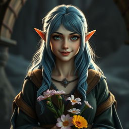 A full-body shot of a happy fit female elf with slightly long blue hair and green eyes, wearing medieval-style robes and holding flowers