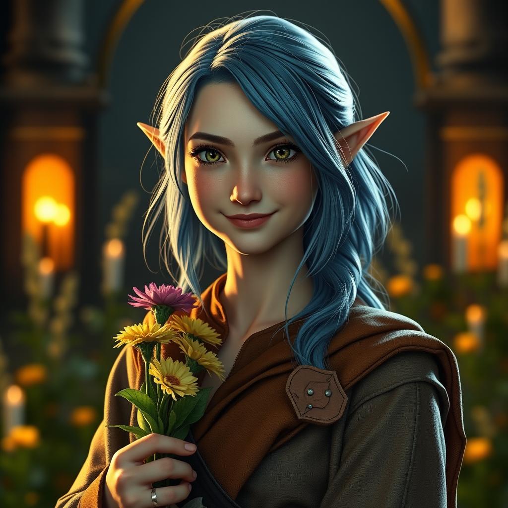 A full-body shot of a happy fit female elf with slightly long blue hair and green eyes, wearing medieval-style robes and holding flowers