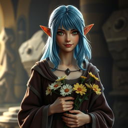 A full-body shot of a happy fit female elf with slightly long blue hair and green eyes, wearing medieval-style robes and holding flowers