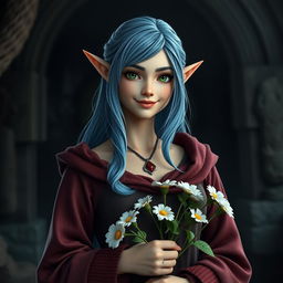 A full-body shot of a happy fit female elf with slightly long blue hair and green eyes, wearing medieval-style robes and holding flowers