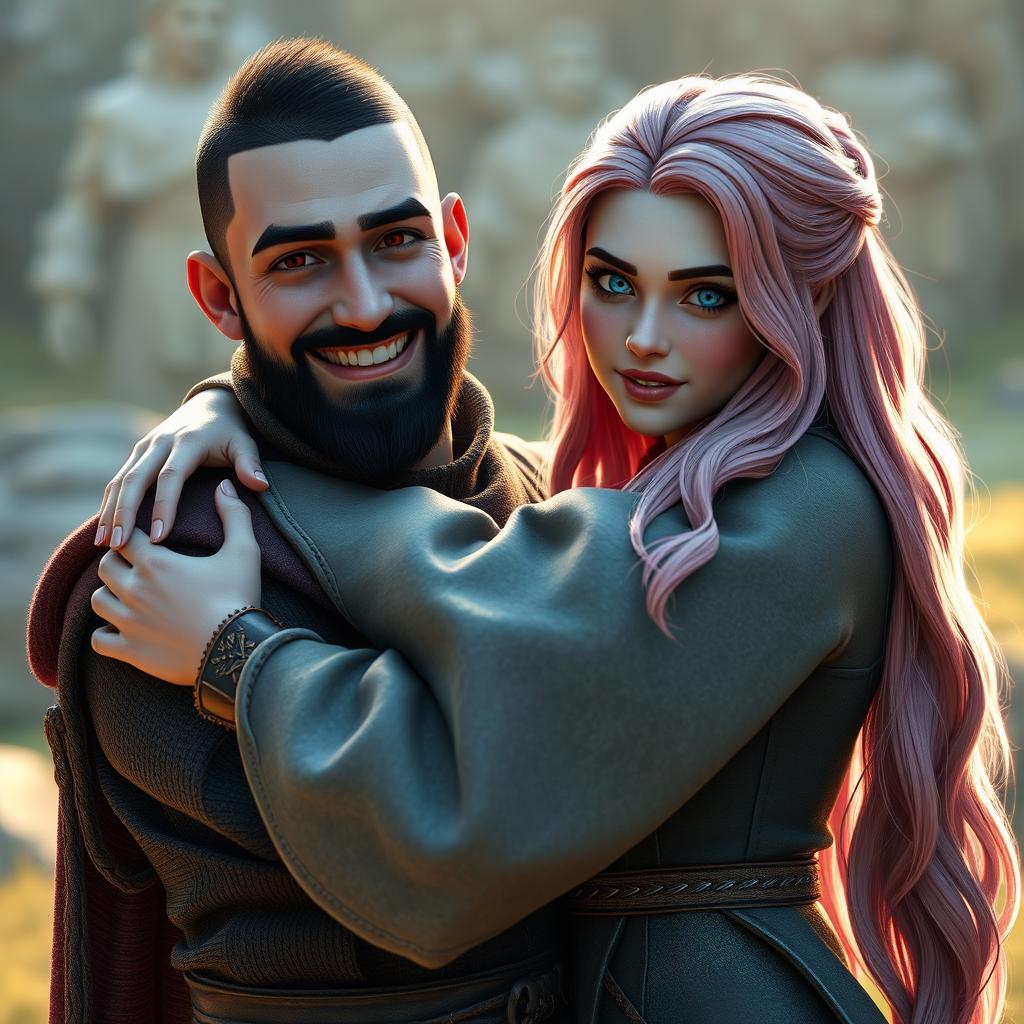 A full-body shot of a happy man with a buzzcut black hair, beard, and red eyes, hugging a young beautiful woman with long pink hair and white eyes