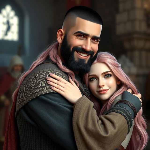 A full-body shot of a happy man with a buzzcut black hair, beard, and red eyes, hugging a young beautiful woman with long pink hair and white eyes