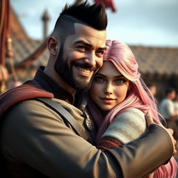 A full-body shot of a happy man with a buzzcut black hair, beard, and red eyes, hugging a young beautiful woman with long pink hair and white eyes