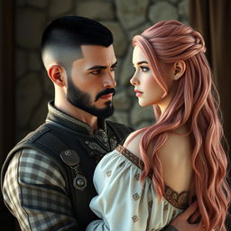 A full-body shot of a man with buzzcut black hair, beard, and red eyes, hugging and looking at a young beautiful woman with long pink hair and white eyes