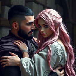 A full-body shot of a man with buzzcut black hair, beard, and red eyes, hugging and looking at a young beautiful woman with long pink hair and white eyes