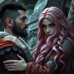 A full-body shot of a man with buzzcut black hair, beard, and red eyes, hugging and looking at a young beautiful woman with long pink hair and white eyes