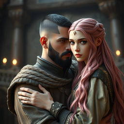 A full-body shot of a man with buzzcut black hair, beard, and red eyes, hugging and looking at a young beautiful woman with long pink hair and white eyes