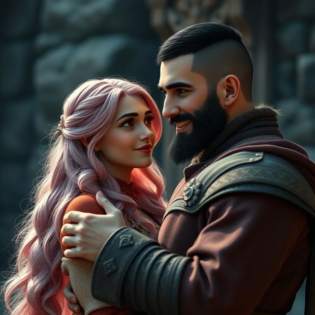 A full-body shot of a smiling man with buzzcut black hair, beard, and red eyes, hugging a young beautiful woman with long pink hair and white eyes