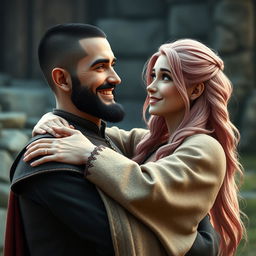 A full-body shot of a smiling man with buzzcut black hair, beard, and red eyes, hugging a young beautiful woman with long pink hair and white eyes