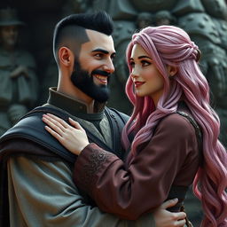 A full-body shot of a smiling man with buzzcut black hair, beard, and red eyes, hugging a young beautiful woman with long pink hair and white eyes