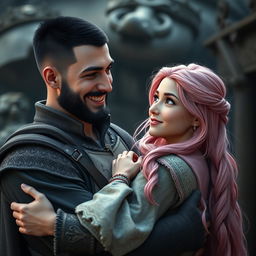 A full-body shot of a smiling man with buzzcut black hair, beard, and red eyes, hugging a young beautiful woman with long pink hair and white eyes