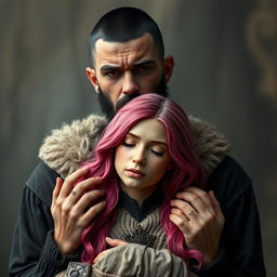 A full-body shot of a sad man with buzzcut black hair, beard, and red eyes, holding a young beautiful woman with long pink hair with both hands