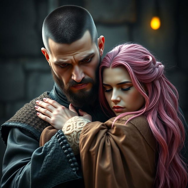 A full-body shot of a sad man with buzzcut black hair, beard, and red eyes, holding a young beautiful woman with long pink hair with both hands