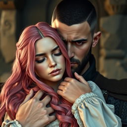 A full-body shot of a sad man with buzzcut black hair, beard, and red eyes, holding a young beautiful woman with long pink hair with both hands