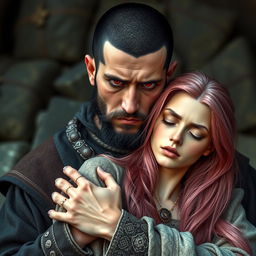 A full-body shot of a sad man with buzzcut black hair, beard, and red eyes, holding a young beautiful woman with long pink hair with both hands