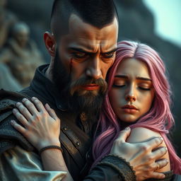 A full-body shot of a sad, crying man with buzzcut black hair, beard, and red eyes, holding a young beautiful woman with long pink hair