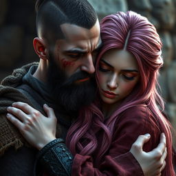 A full-body shot of a sad, crying man with buzzcut black hair, beard, and red eyes, holding a young beautiful woman with long pink hair