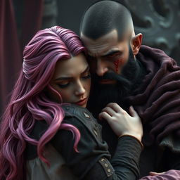 A full-body shot of a sad, crying man with buzzcut black hair, beard, and red eyes, holding a young beautiful woman with long pink hair