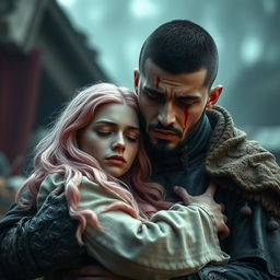 A full-body shot of a sad, crying man with buzzcut black hair, beard, and red eyes, holding a young beautiful woman with long pink hair