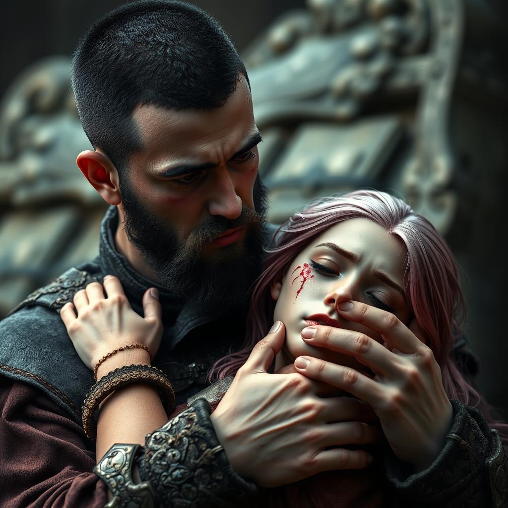 A full-body shot of a sad, crying man with buzzcut black hair, beard, and red eyes, holding a young beautiful woman with long pink hair and blood on her face