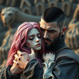 A full-body shot of a sad, crying man with buzzcut black hair, beard, and red eyes, holding a young beautiful woman with long pink hair and blood on her face