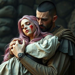 A full-body shot of a sad, crying man with buzzcut black hair, beard, and red eyes, holding a young beautiful woman with long pink hair and blood on her face