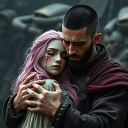 A full-body shot of a sad, crying man with buzzcut black hair, beard, and red eyes, holding a young beautiful woman with long pink hair and blood on her face