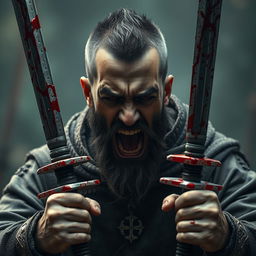 A full-body shot of an angry, crying man with buzzcut black hair, beard, and red eyes, holding two bloody swords and shouting