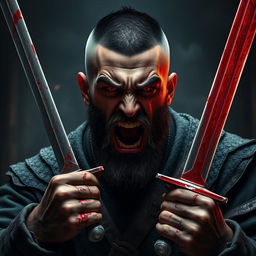 A full-body shot of an angry, crying man with buzzcut black hair, beard, and red eyes, holding two bloody swords and shouting