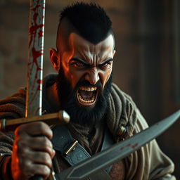 A full-body shot of an angry, crying man with buzzcut black hair, beard, and red eyes, holding two bloody swords and shouting