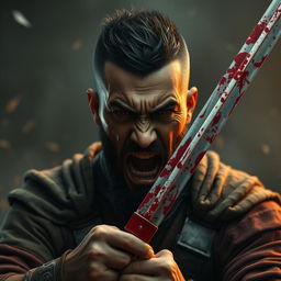 A full-body shot of an angry, crying man with buzzcut black hair, beard, and red eyes, holding two bloody swords and shouting