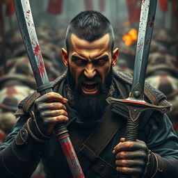 A full-body shot of an angry, crying man with buzzcut black hair, beard, and red eyes, holding two bloody swords