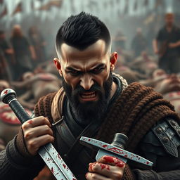 A full-body shot of an angry, crying man with buzzcut black hair, beard, and red eyes, holding two bloody swords