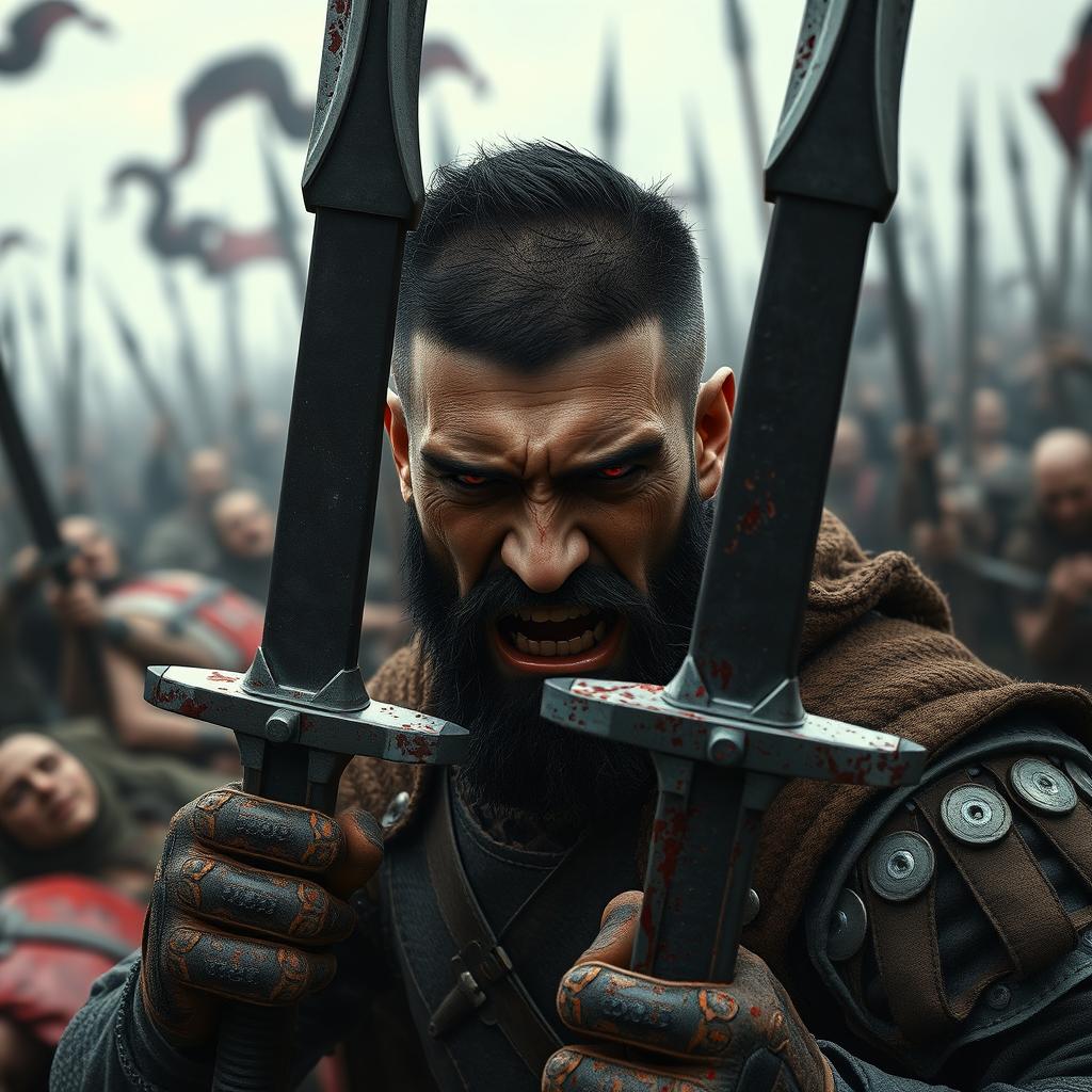 A full-body shot of an angry, crying man with buzzcut black hair, beard, and red eyes, holding two bloody swords