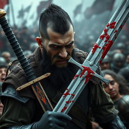 A full-body shot of an angry, crying man with buzzcut black hair, beard, and red eyes, holding two bloody swords