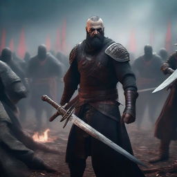 An overhead full-body shot of an angry, crying man with buzzcut black hair, beard, and red eyes, holding two bloody swords