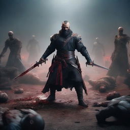 An overhead full-body shot of an angry, crying man with buzzcut black hair, beard, and red eyes, holding two bloody swords