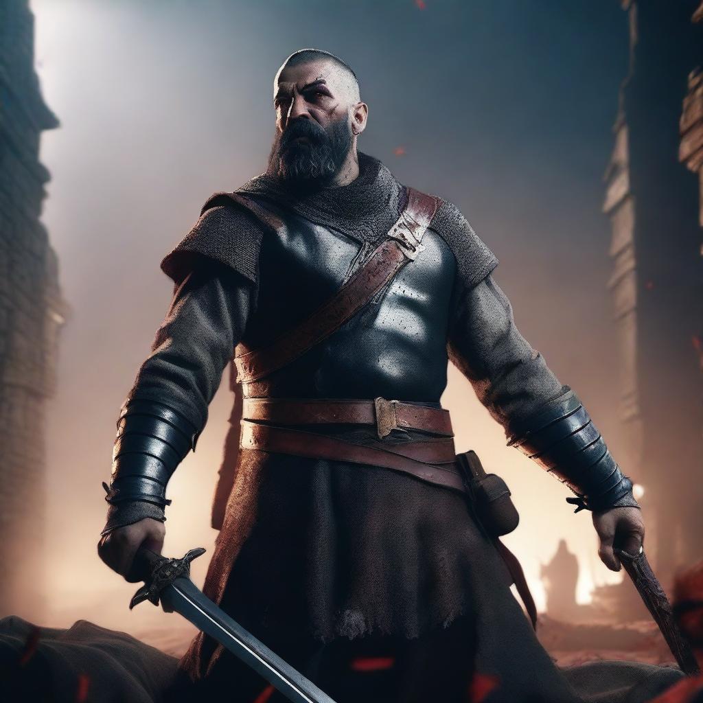 A low-angle shot of an angry, crying man with buzzcut black hair, beard, and red eyes, holding two bloody swords