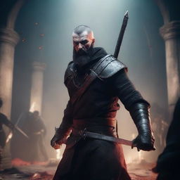 A low-angle shot of an angry, crying man with buzzcut black hair, beard, and red eyes, holding two bloody swords