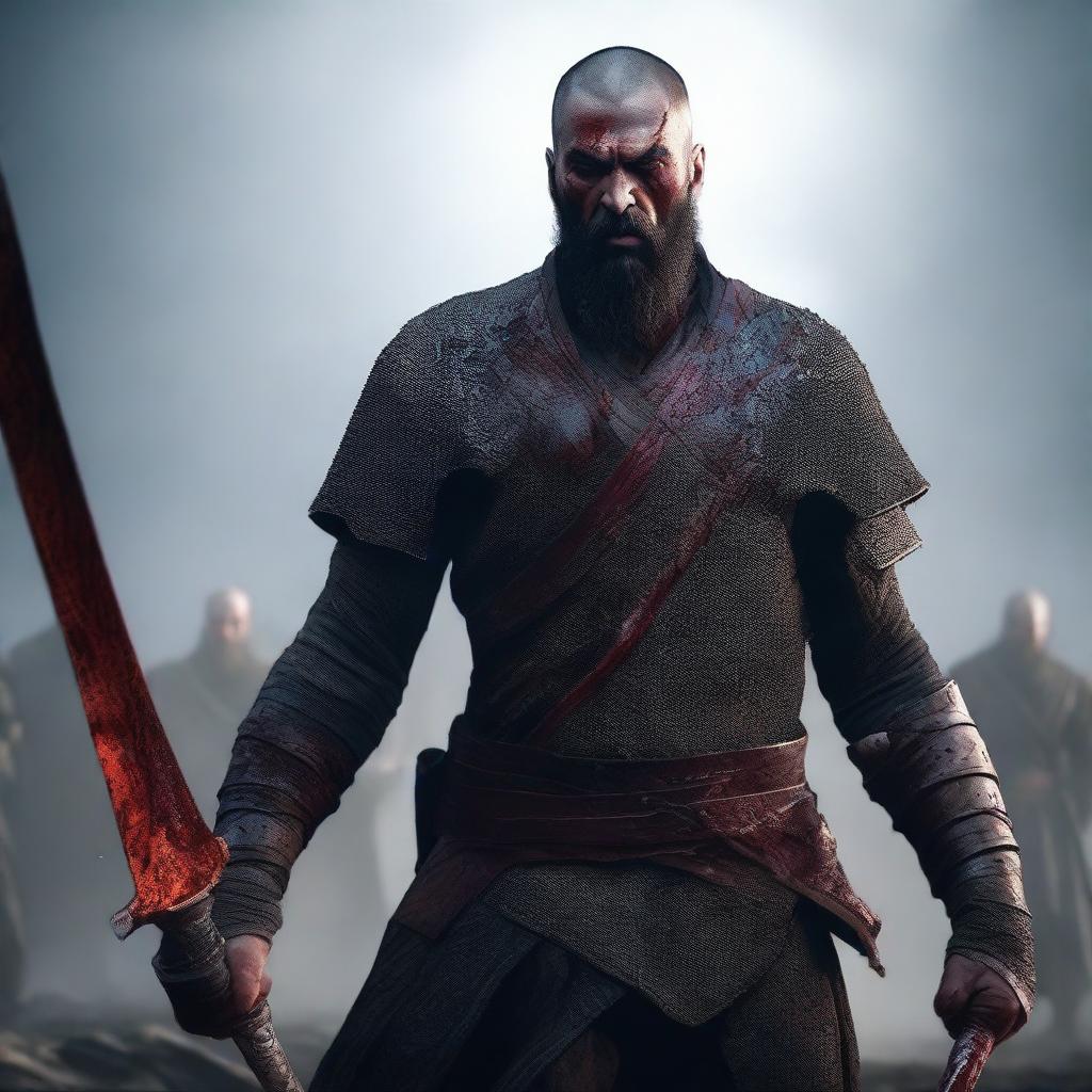 A low-angle portrait shot of an angry, crying man with buzzcut black hair, beard, and red eyes, holding two bloody swords