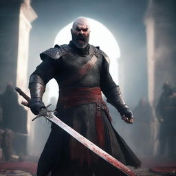 A low-angle portrait shot of an angry, crying man with buzzcut black hair, beard, and red eyes, holding two bloody swords