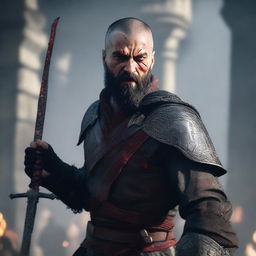 A low-angle portrait shot of an angry, crying man with buzzcut black hair, beard, and red eyes, holding two bloody swords