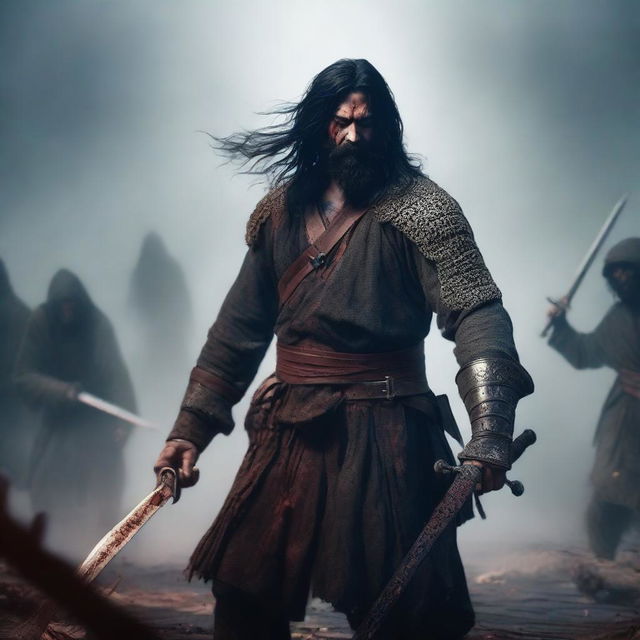 A portrait of an angry, crying man with long black hair, beard, and red eyes, holding two bloody swords