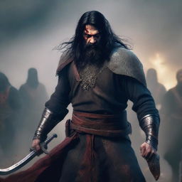 A portrait of an angry, crying man with long black hair, beard, and red eyes, holding two bloody swords