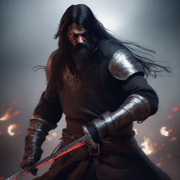 A portrait of an angry, crying man with long black hair, beard, and red eyes, holding two bloody swords