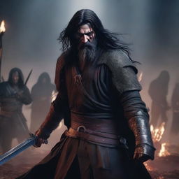 A portrait of an angry, crying man with long black hair, beard, and red eyes, holding two bloody swords