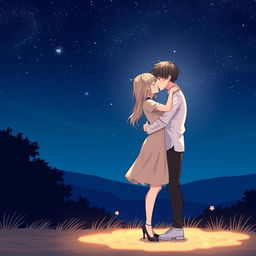 A romantic scene featuring two characters kissing under a starry night sky